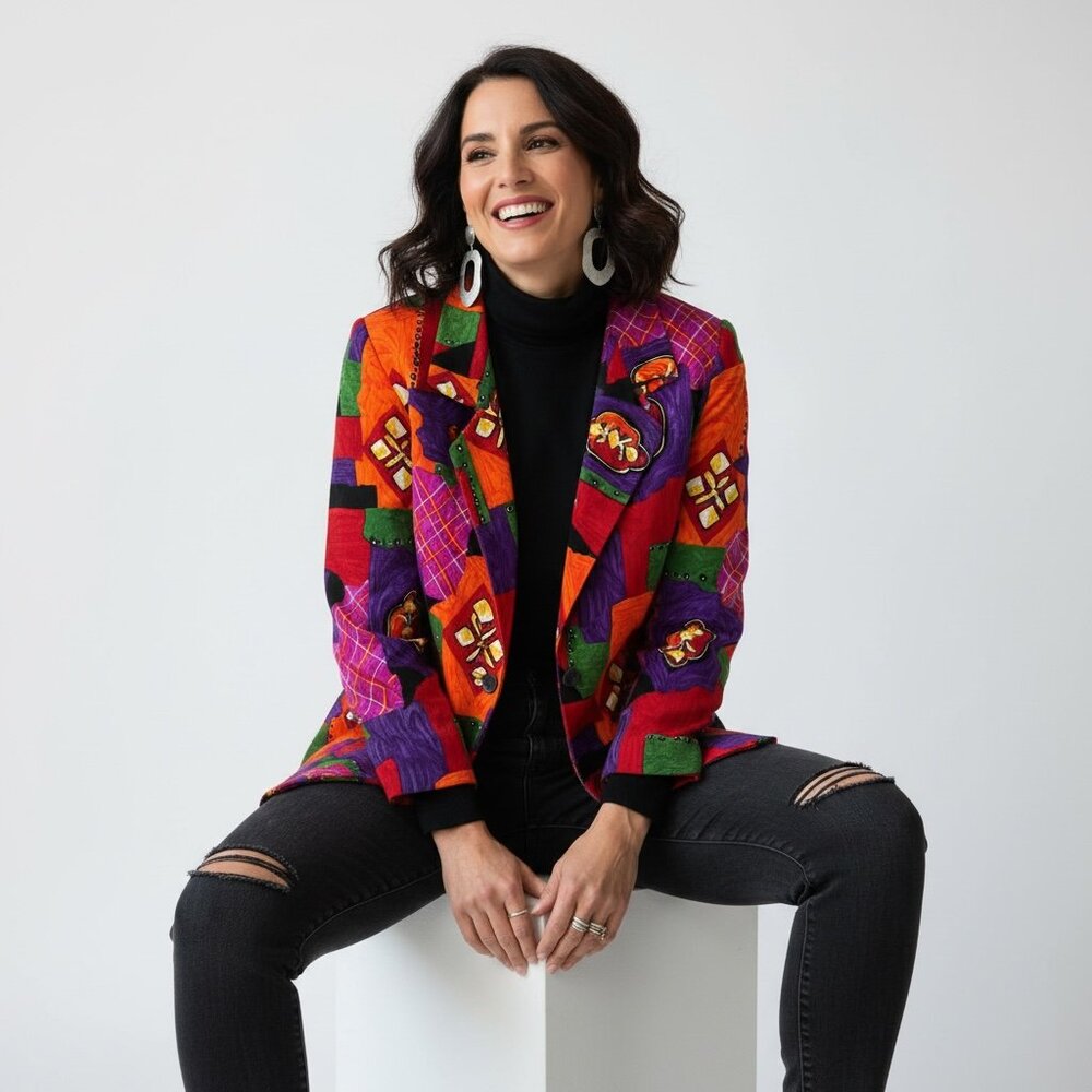 Vintage Richard Kristal Power Blazer- Red Purple Orange w/ Shoulder Pads Sz. M